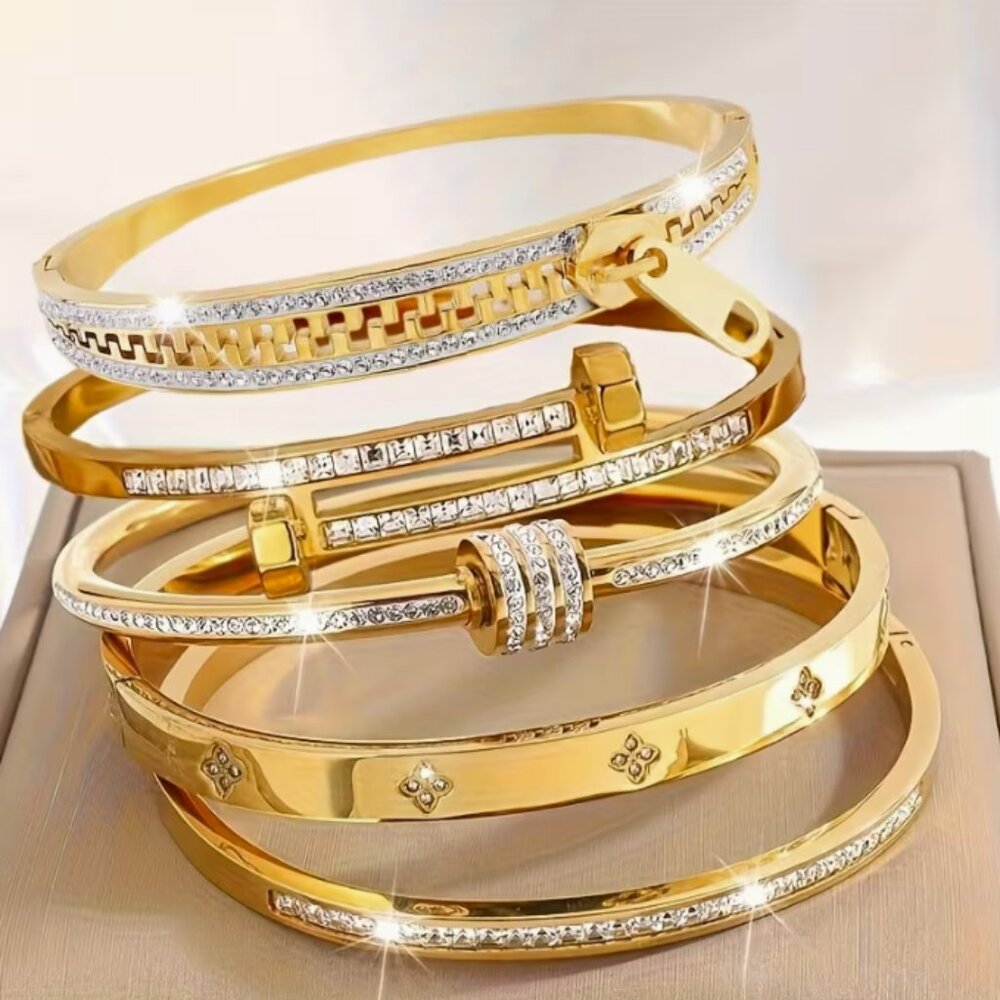 5pcs Set Elegant & Fashionable18k Gold Plated Stainless Steel Bracelet - Picture 4 of 10